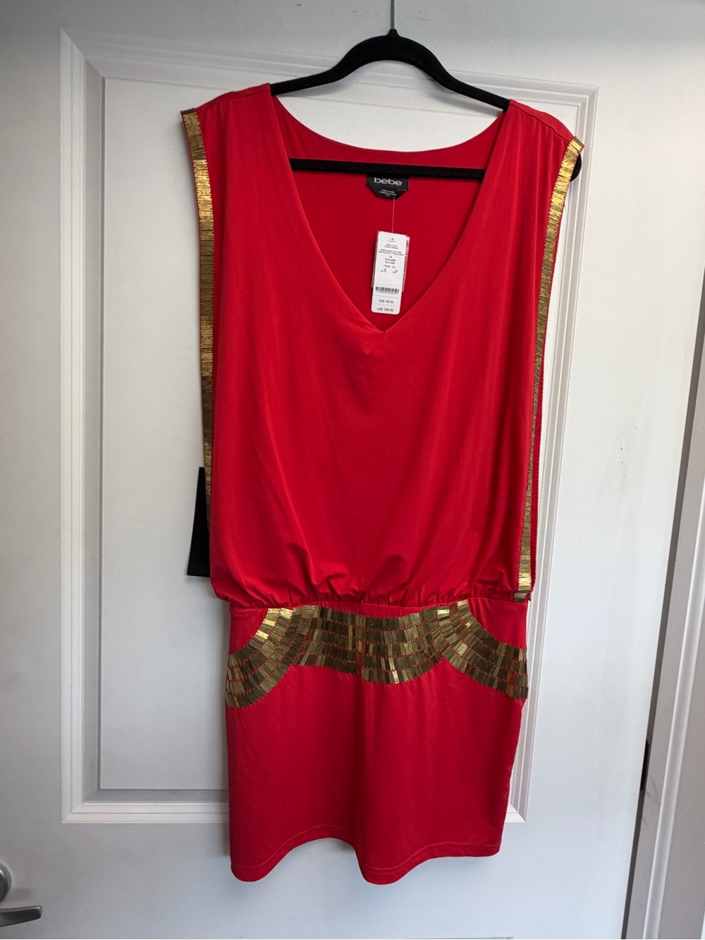 bebe Red Mini Dress with Gold Sequin Accents